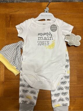 Baby Essentials White & Gray Three Piece Set with Yellow Lemon Accent
